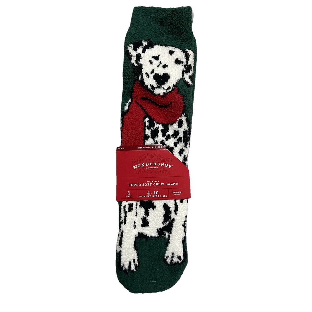 Target Wondershop Crew Sock, Green/White Dalmatian Dog. Size 4/10